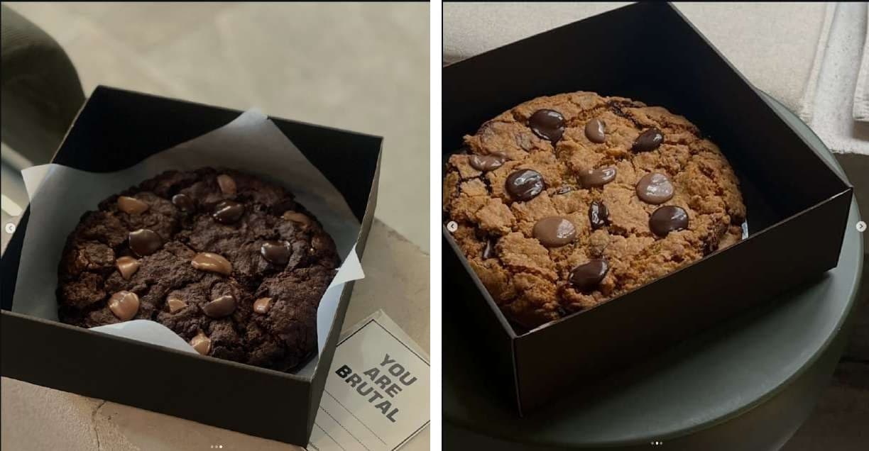 The two raw phone photos: a double chocolate cookie in its Bruto box, and a classic New York cookie in its box on a table