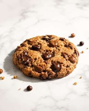 AI render: chocolate chip cookie on marble in soft light