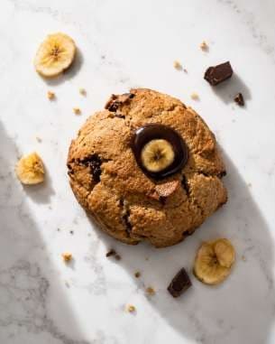 AI render: banana and chocolate cookie from above, with banana chips