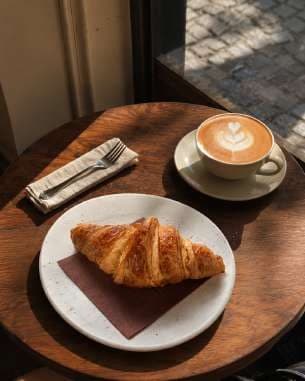 AI render: croissant and cappuccino on a round wooden table
