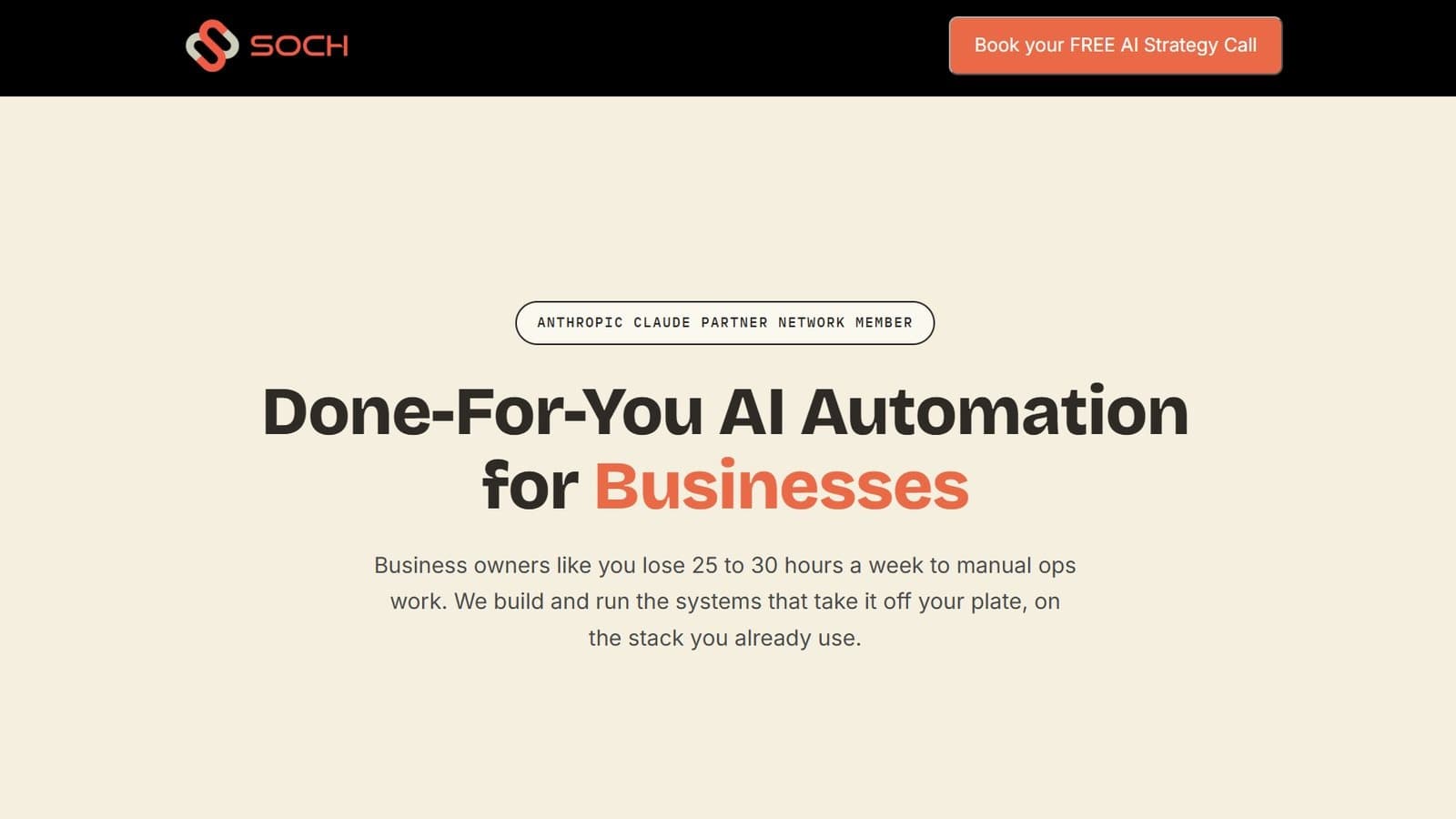 Soch landing page first screen: Done-For-You AI Automation for Businesses