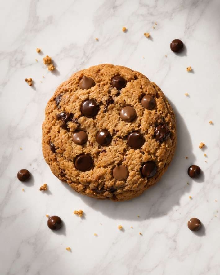 AI render of a chocolate chip cookie on white marble